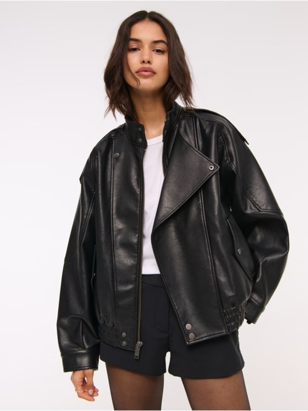 Relaxed Mockneck Vegan Leather Bomber Jacket
